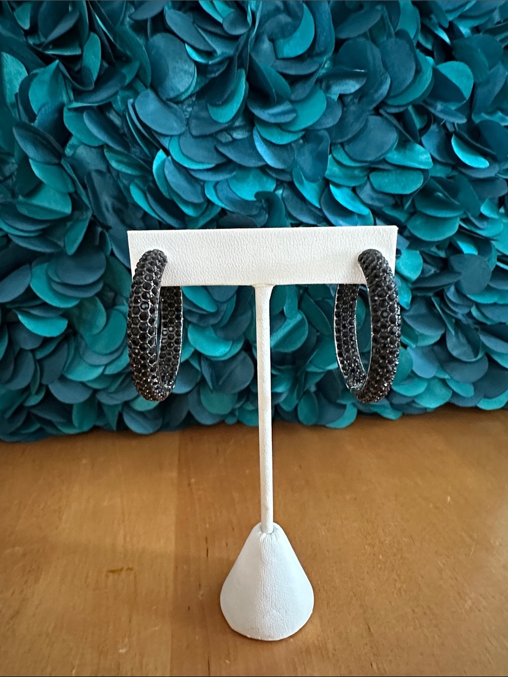 Joan Boyce Signed JB Black Pave Crystal Hoop Earrings Silver Scroll Back 1.5”